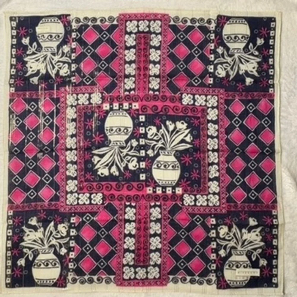 Vtg GIVENCHY Scarf Handkerchief Floral Geometric Pink Navy 18.5